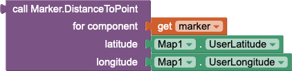 Computes the distance from the user's current location to a marker provided in the variable called feature